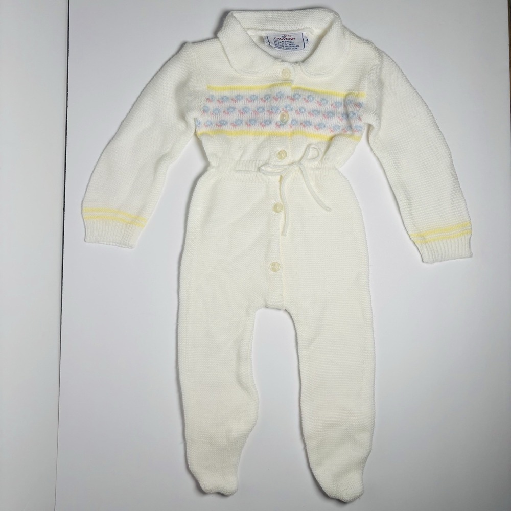 Vintage Acrylic Knit Infant‎ Baby Footed One Piece Outfit 0-12 Months